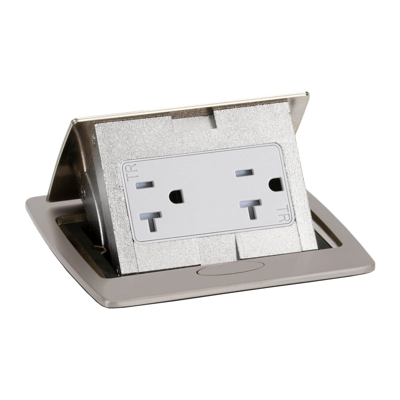 Kitchen Counter Pop Up Receptacle, 20A Duplex, Plastic Back Box, Nickel, Top