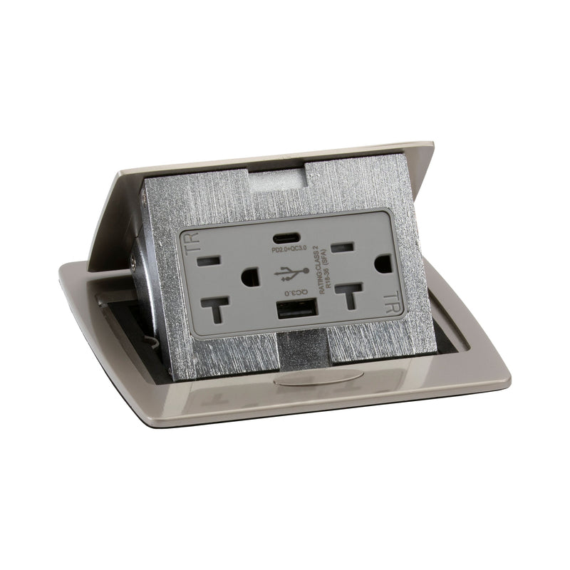 Kitchen Counter Pop Up Outlet Charging USB A/C Ports, Corded, Satin Nickel, Top
