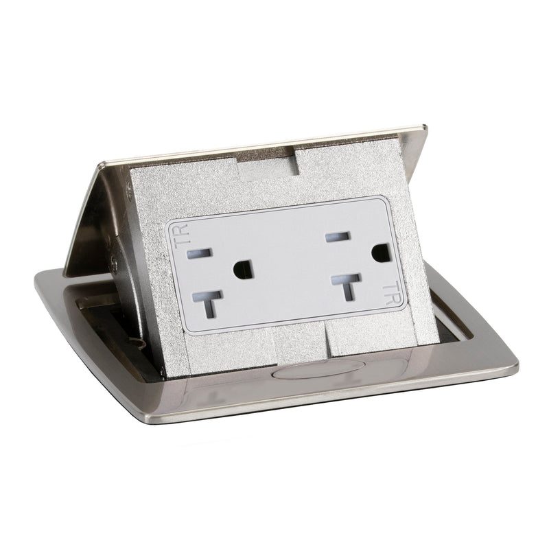 Kitchen Counter Pop Up Receptacle, 20A Duplex, Plastic Back Box, Stainless Steel, Top