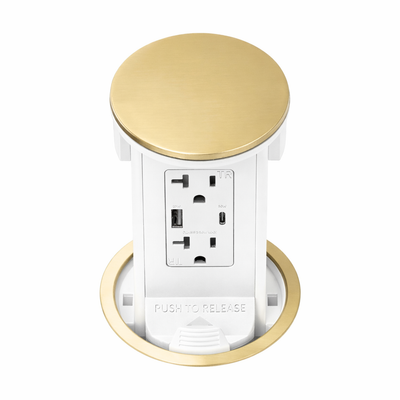 Lew PUR20ACD-AWT-B Kitchen Pop Up Outlet, USB-A/C, White Body, Brass Top