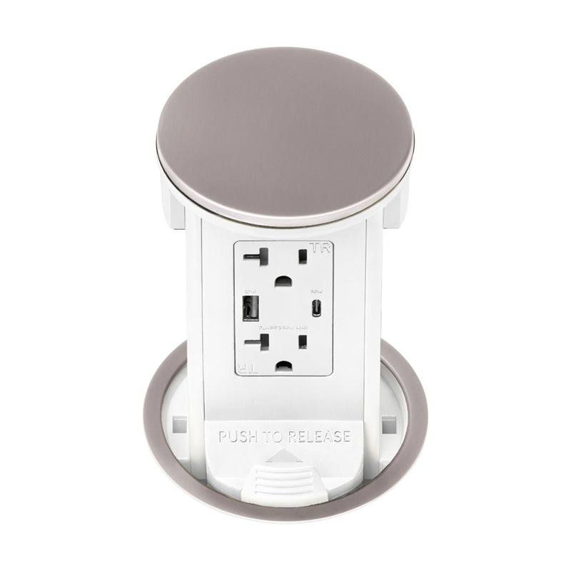 Lew PUR20ACD-AWT-NS Kitchen Pop Up Outlet, USB-A/C, White Body, Nickel Top