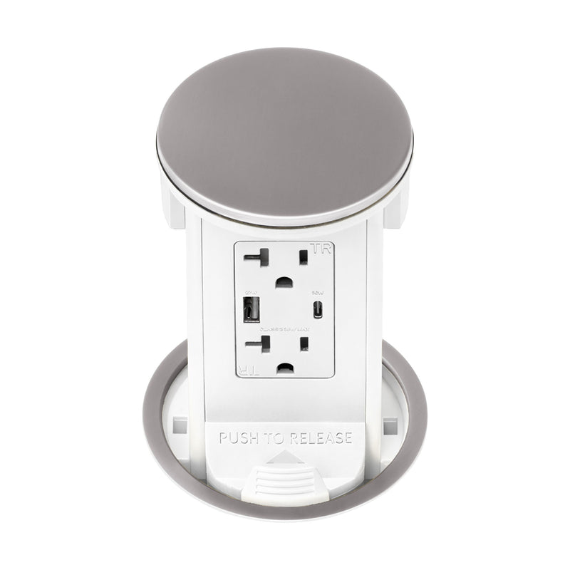 Lew PUR20ACD-AWT-SS Kitchen Pop Up Outlet, USB-A/C, White Body, Stainless Steel Top