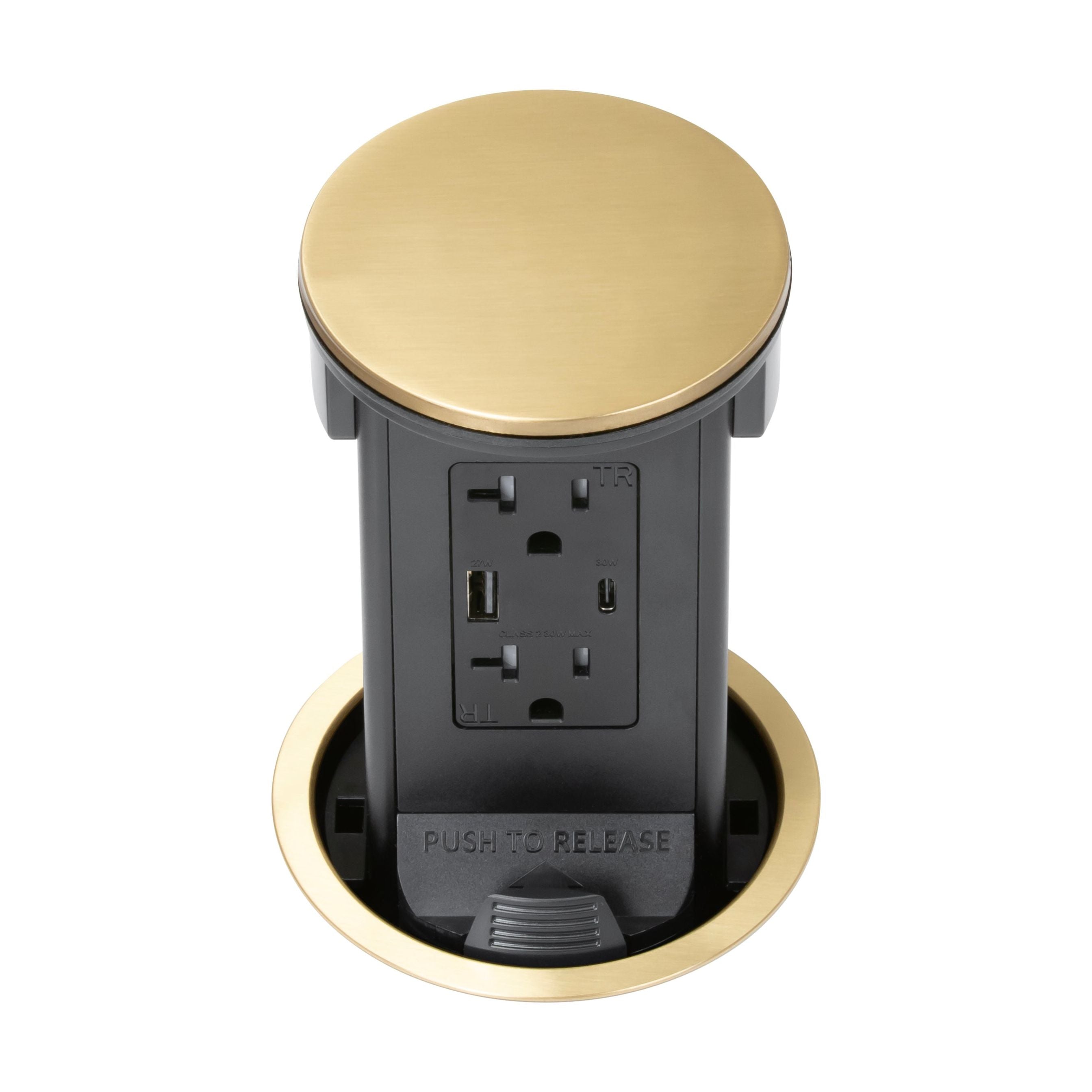 Lew PUR20ACD-B Round Kitchen Pop Up Outlet USB-A/C Charging, Brass