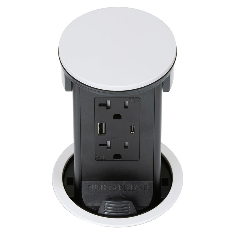 Lew PUR20ACQD-RWT Round Kitchen Pop Up Outlet 20A, USB-A/C, Qi, White Plastic