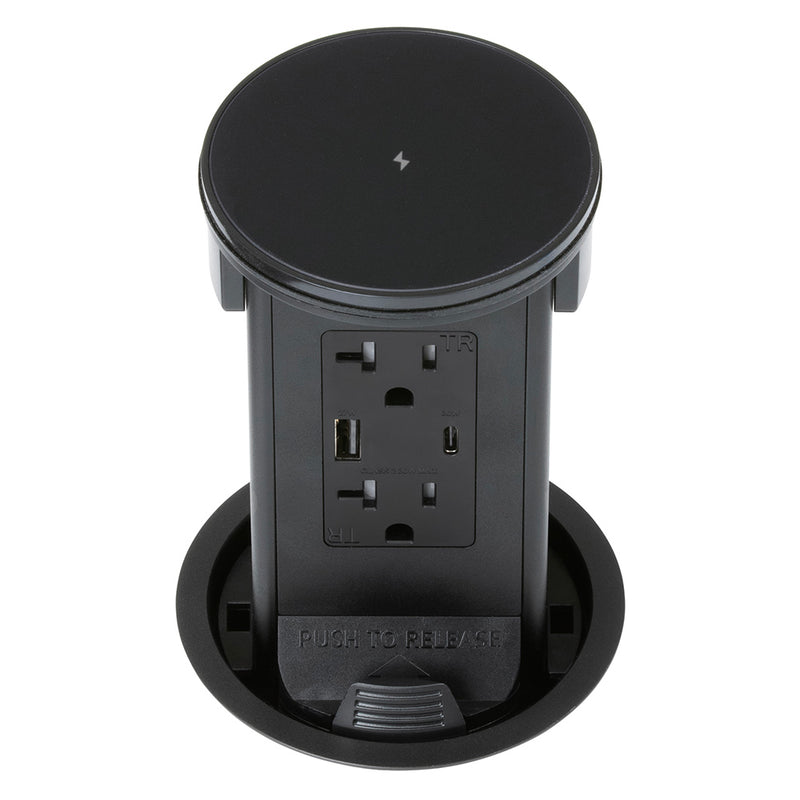 Lew PUR20ACQD-BK Round Kitchen Pop Up Outlet 20A, USB-A/C, Qi, Black Glass