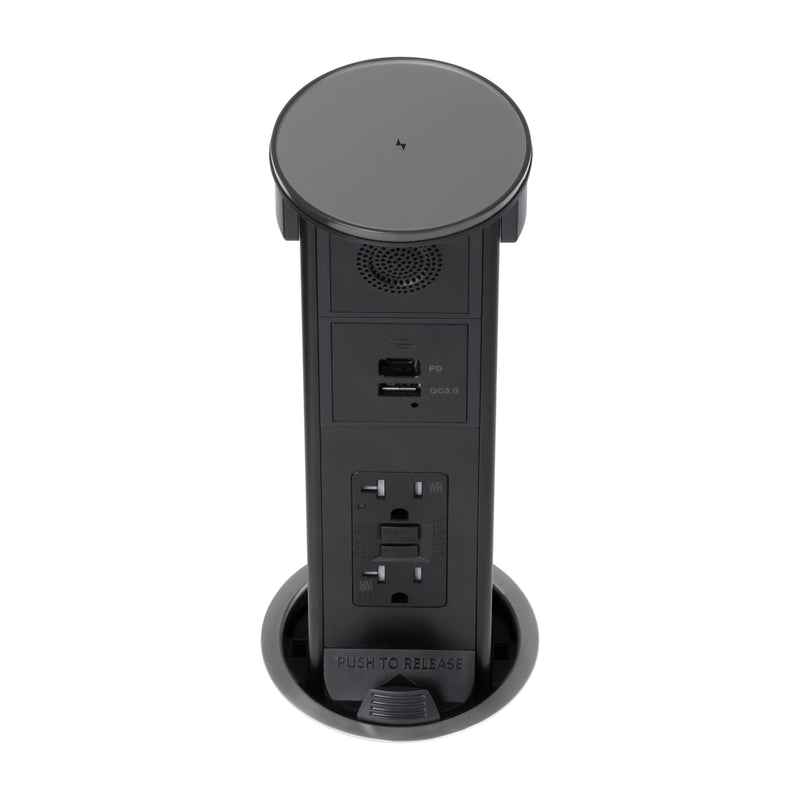 Lew PUR20GACBTQD-SS Kitchen Pop Up GFCI, Speaker, USB-A/C Qi, Stainless Glass