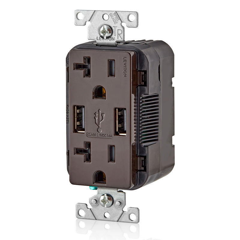 20A Dual 3.6A USB-A Port Charging Outlet, Tamper Resistant Plugs, Brown