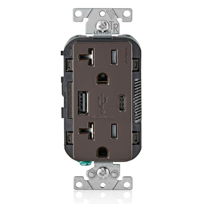 Leviton T5833-B 5.1A USB Type-A Type-C Charging Wall 20A Outlet, Brown