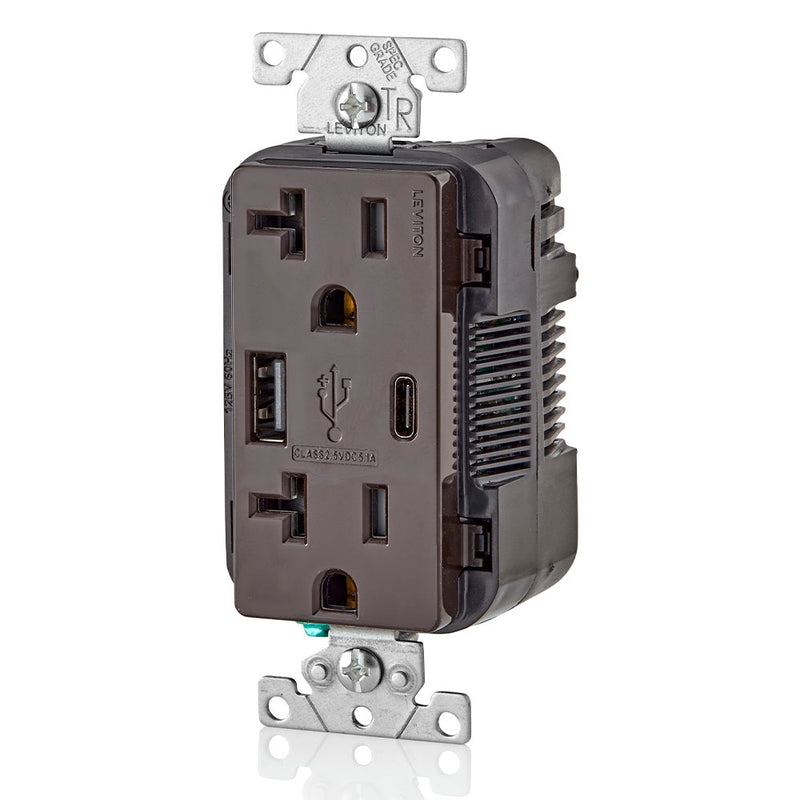 Leviton T5833-B 5.1A USB Type-A Type-C Charging Wall 20A Outlet, Brown, Side