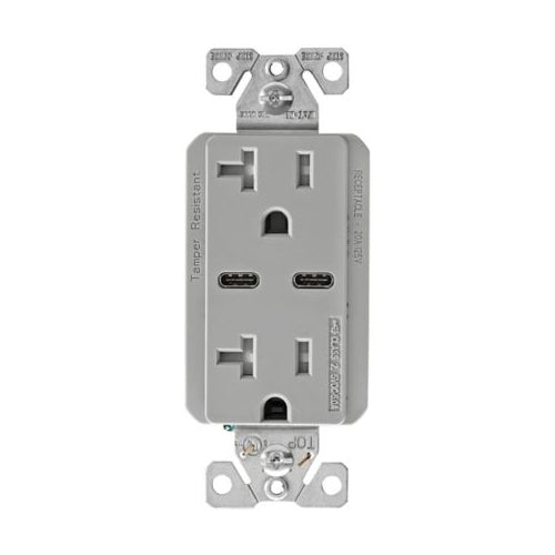 Eaton TRUSBC20GY-BOX Dual USB-C 5A Wall Outlet 20A, TR, Gray