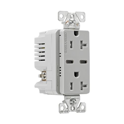Eaton TRUSBC20GY-BOX Dual USB-C 5A Wall Outlet 20A, TR, Gray