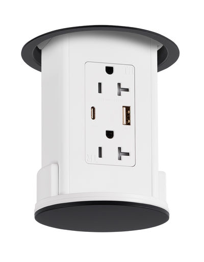 Under Cabinet Hidden Pop Down Charging USB A/C White Body, Black Top