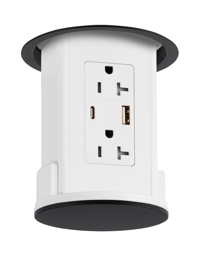 Under Cabinet Hidden Pop Down Charging USB A/C White Body, Black Top
