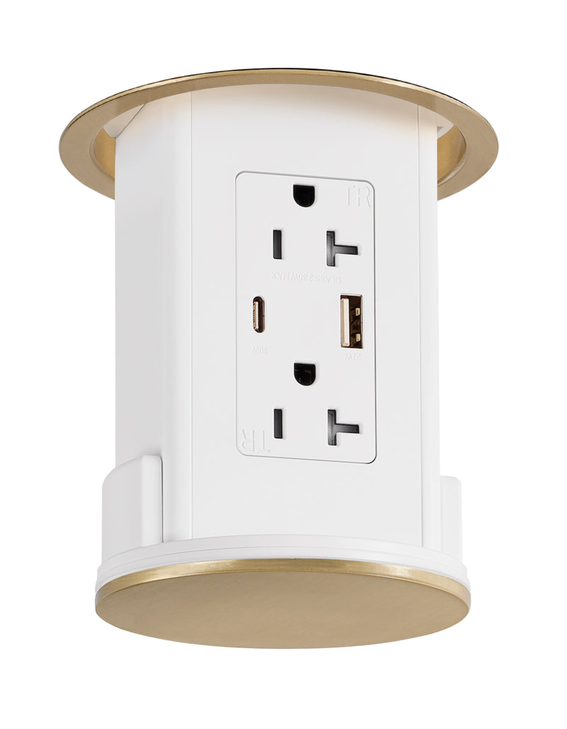 Under Cabinet Hidden Pop Down Charging USB A/C White Body Brass Top