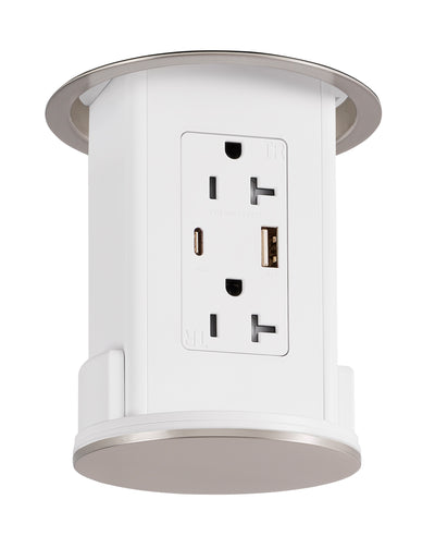 Under Cabinet Hidden Pop Down Charging USB A/C White Body, Nickel Top