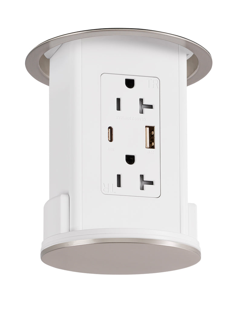 Under Cabinet Hidden Pop Down Charging USB A/C White Body, Nickel Top