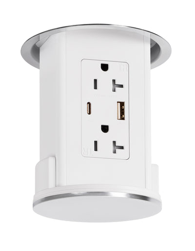 Under Cabinet Hidden Pop Down Charging USB A/C White Body Stainless Top