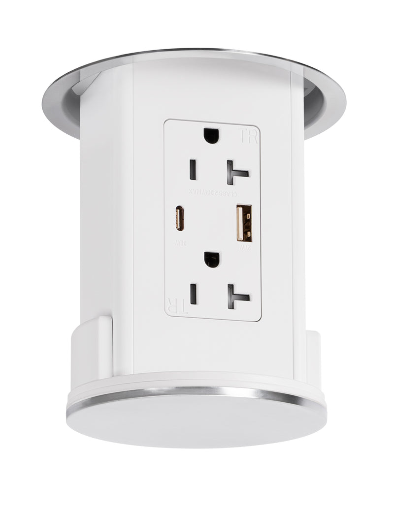 Under Cabinet Hidden Pop Down Charging USB A/C White Body Stainless Top
