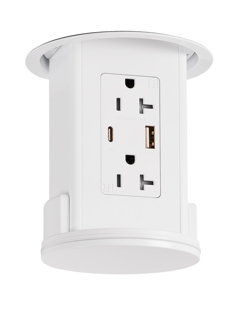 Under Cabinet Hidden Pop Down Outlet, Charging USB A/C, All-White