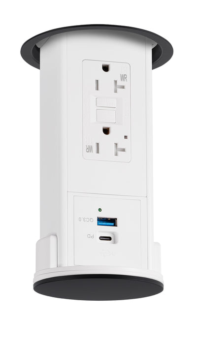 Under Cabinet Pop Down, GFI, USB A/C, White Body, Black Top
