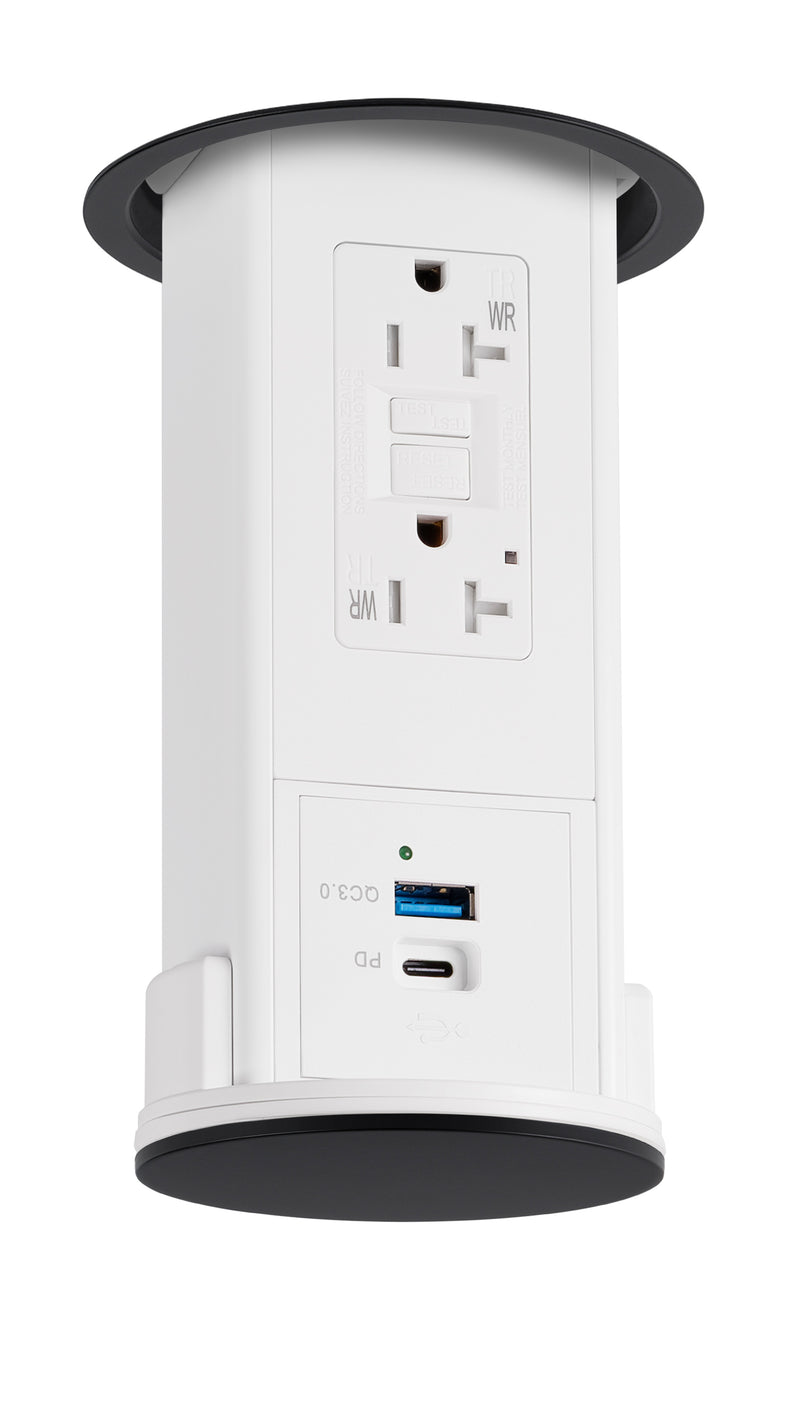 Under Cabinet Pop Down, GFI, USB A/C, White Body, Black Top