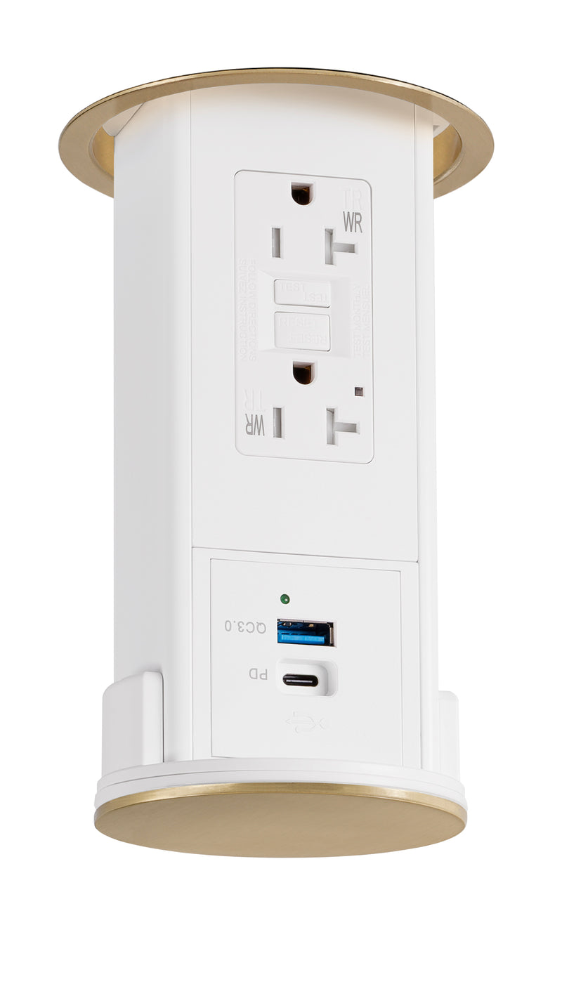 Under Cabinet Pop Down, GFI, USB A/C, White Body, Brass Top