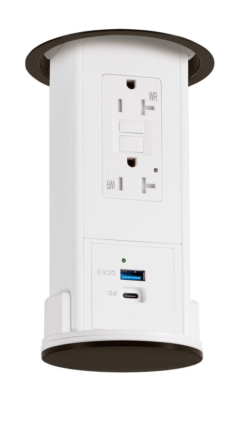 Under Cabinet Pop Down, GFI, USB A/C, White Body, Dark Bronze Top