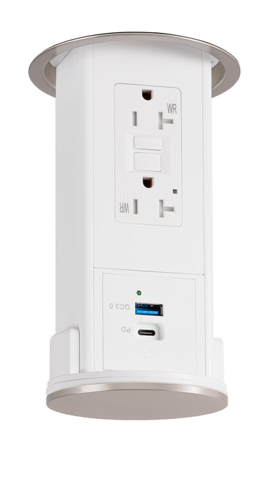 Under Cabinet Pop Down, GFI, USB A/C, White Body, Nickel Top