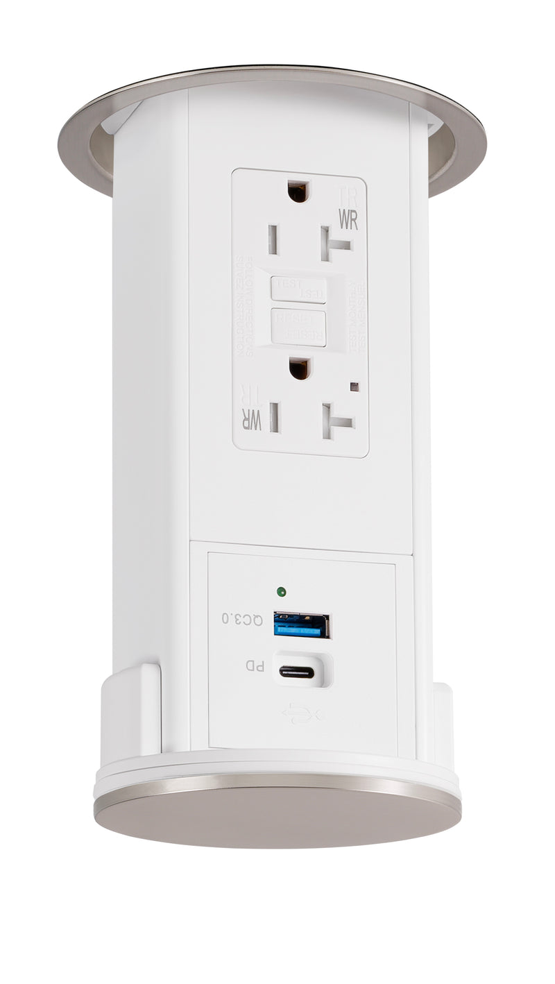Under Cabinet Pop Down, GFI, USB A/C, White Body, Nickel Top
