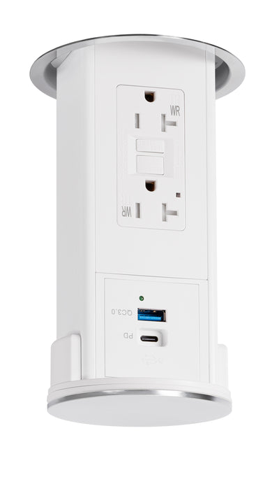 Under Cabinet Pop Down, GFI, USB A/C, White Body, Stainless Steel Top