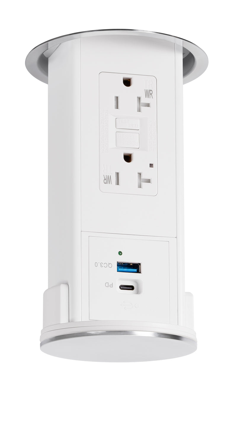 Under Cabinet Pop Down, GFI, USB A/C, White Body, Stainless Steel Top
