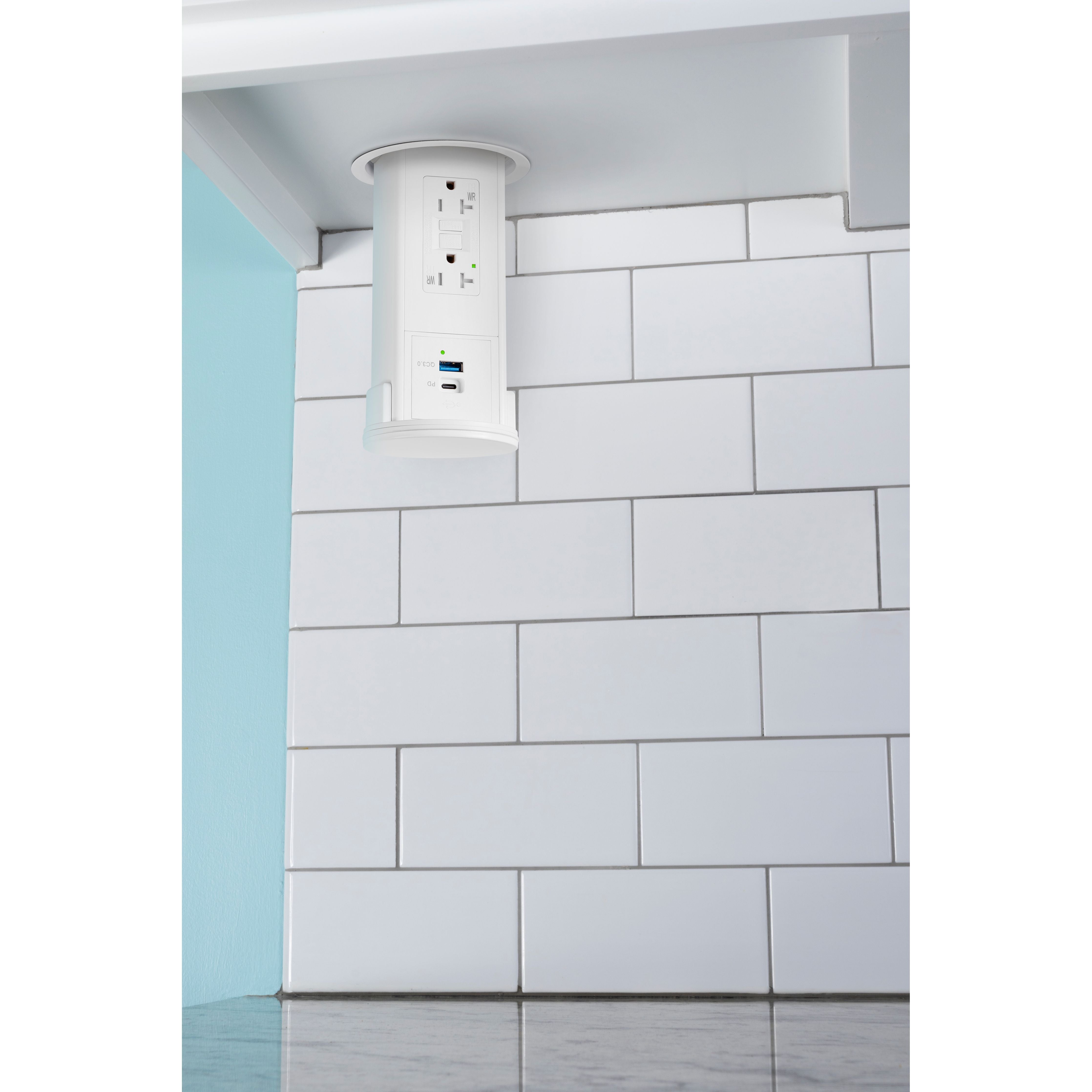 Lew UCPDR20GACD-AWT-WT Under Cabinet Pop Down GFI, USB A/C, All