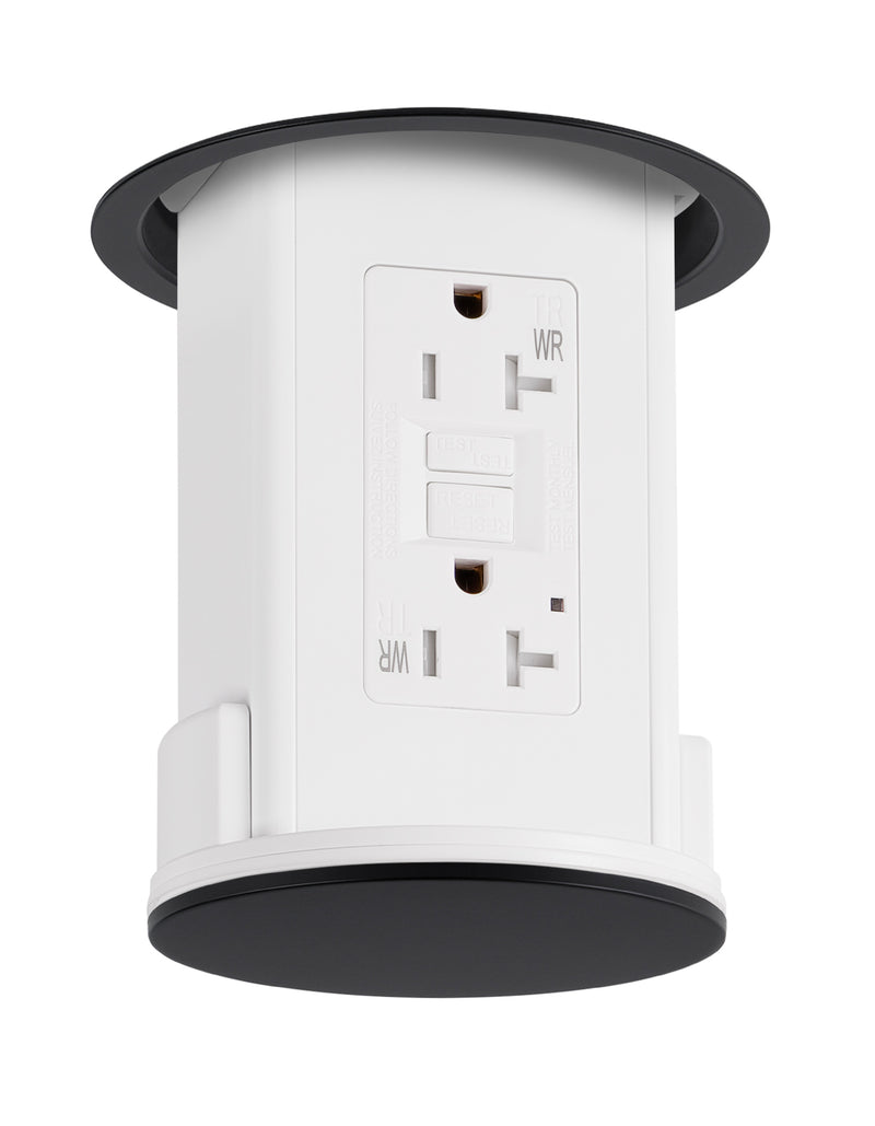Under Cabinet Pop Down Power Outlet, GFCI, White Body, Black Top