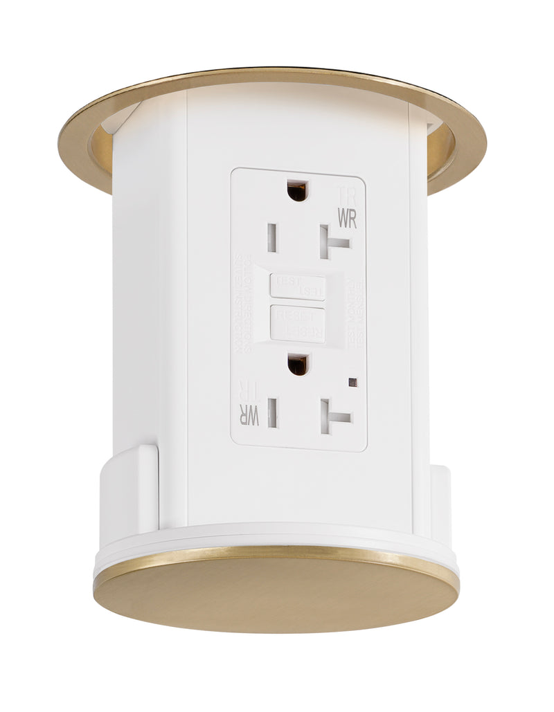 Under Cabinet Pop Down Power Outlet, GFCI, White Body, Brass Top