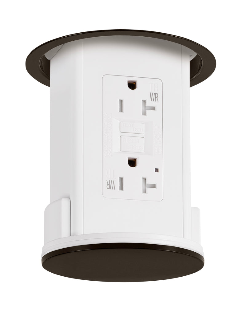 Under Cabinet Pop Down Power Outlet, GFCI, White Body, Bronze Top