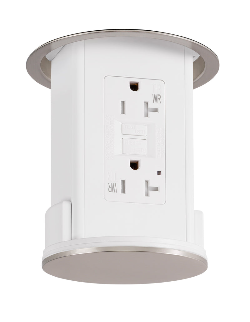 Under Cabinet Pop Down Power Outlet, GFCI, White Body, Stainless Steel Top