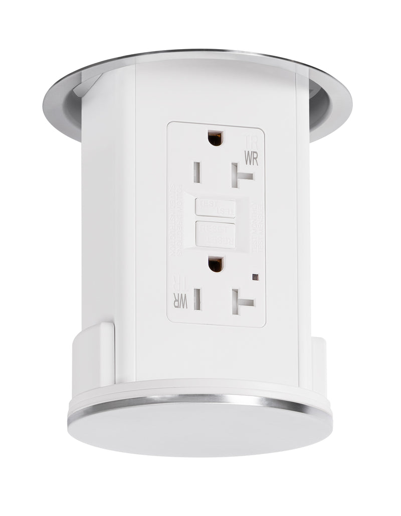 Under Cabinet Pop Down Power Outlet, GFCI, White Body, Stainless Steel Top