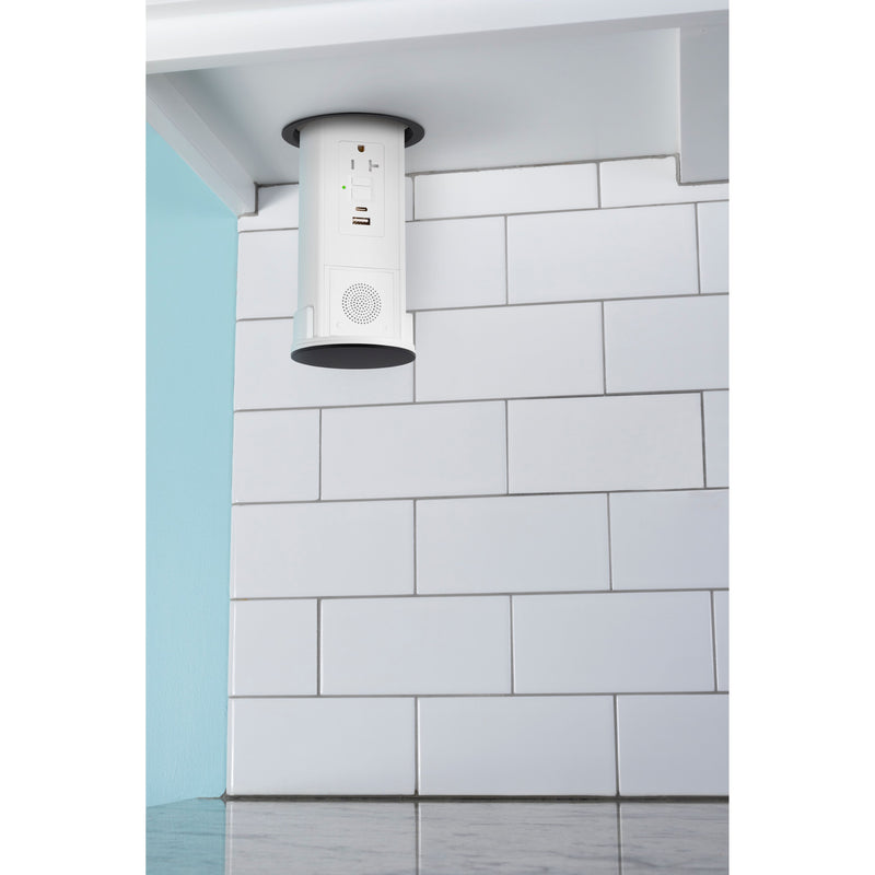 Lew UCPDR20GFIACBTD-AWT-BK Under Cabinet Pop Down, GFI/USB, Speaker, White/Black
