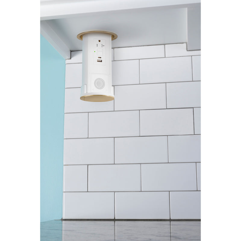 Lew UCPDR20GFIACBTD-AWT-B Under Cabinet Pop Down, GFI/USB, Speaker, White/Brass