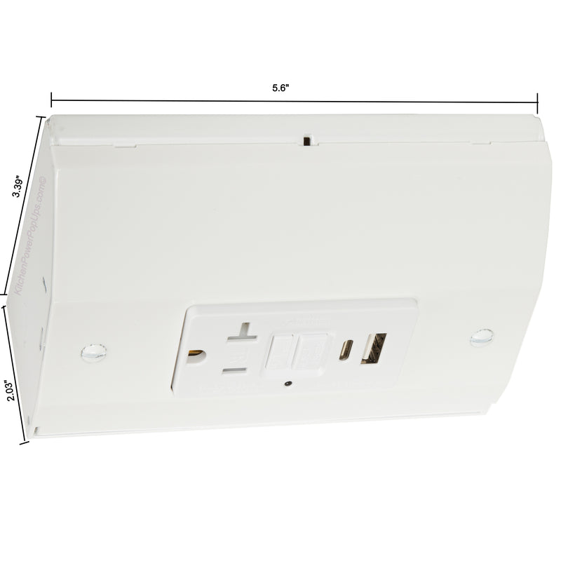GFCI and USB Charging Power Strip, Under Cabinet Low Profile Box, White Showing Dimensions