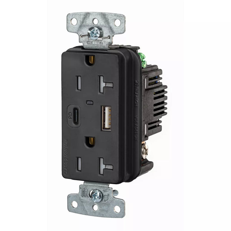 Hubbell USB20ACPDBK 55W USB-A USB-C PD Charging, 20A Outlet, Black