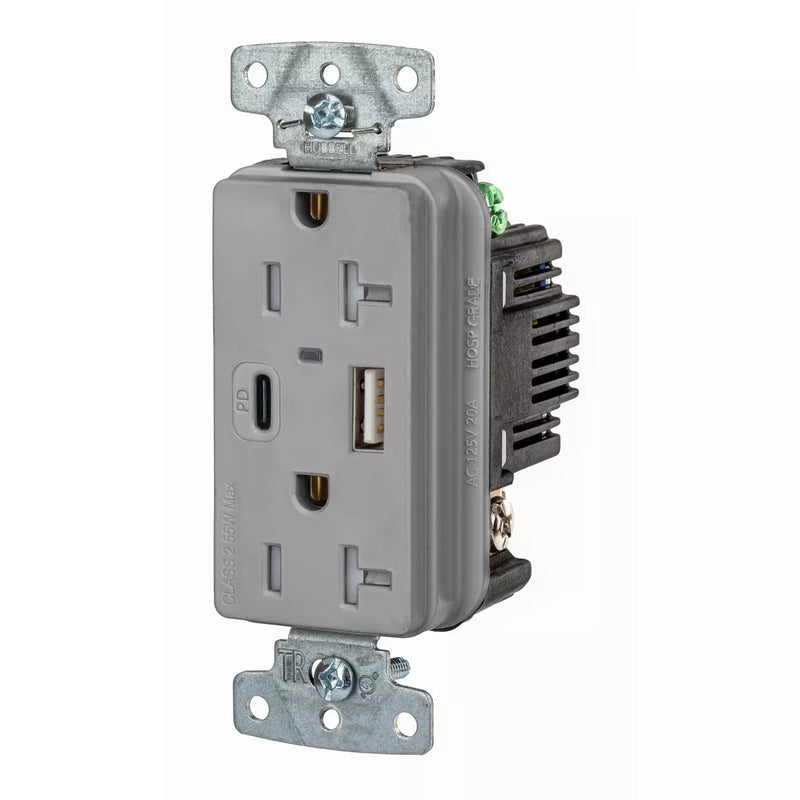 Hubbell USB20ACPDGY 55W USB-A USB-C PD Charging, 20A Outlet, Gray