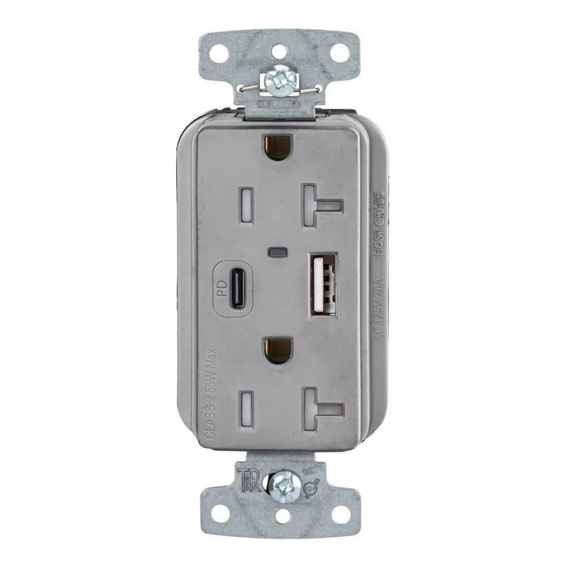 Hubbell USB20ACPDGY 55W USB-A USB-C PD Charging, 20A Outlet, Gray