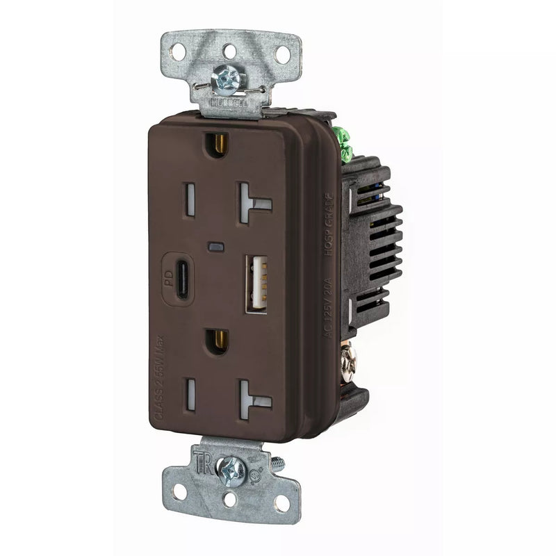 Hubbell USB20ACPD 55W USB-A USB-C PD Charging, 20A Outlet, Brown