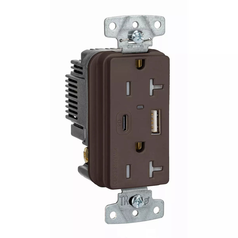 Hubbell USB20ACPD 55W USB-A USB-C PD Charging, 20A Outlet, Brown