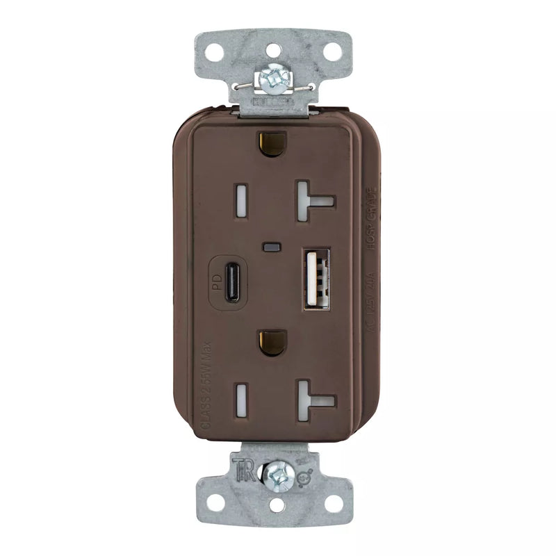 Hubbell USB20ACPD 55W USB-A USB-C PD Charging, 20A Outlet, Brown