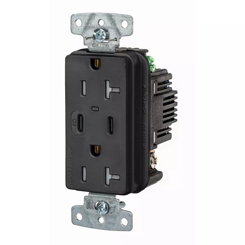 Hubbell USB20CPDBK 55W Dual USB-C PD Charging, 20A Outlet, Black