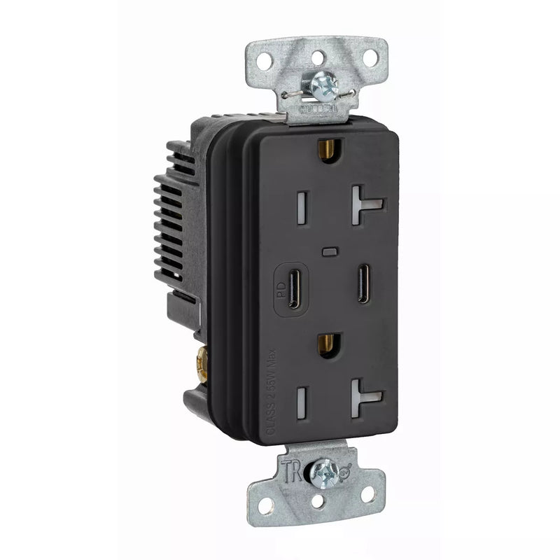 Hubbell USB20CPDBK 55W Dual USB-C PD Charging, 20A Outlet, Black