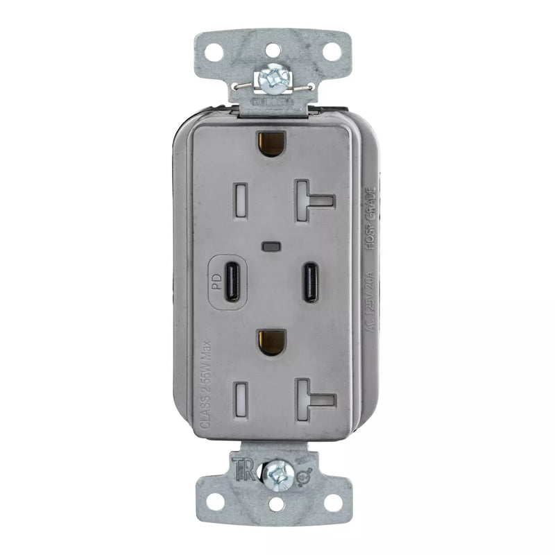Hubbell USB20CPDGY 55W Dual USB-C PD Charging, 20A Outlet, Gray