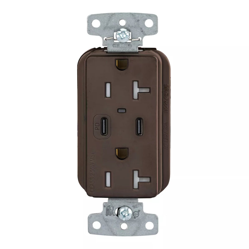 Hubbell USB20CPD 55W Dual USB-C PD Charging, 20A Outlet, Brown